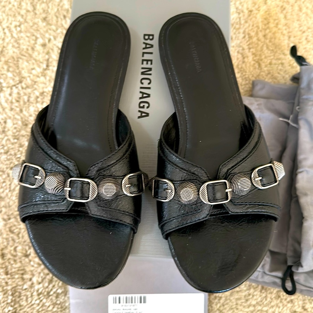 ICONIC BALENCIAGA STILL IN STORES Black Cagole Sandals with Metal Embellishments
